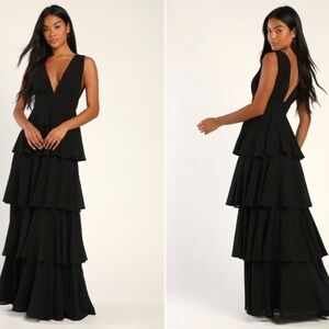 LULUS Prom Wedding Bridesmaid Tiered Ruffles Boho Black Maxi Dress